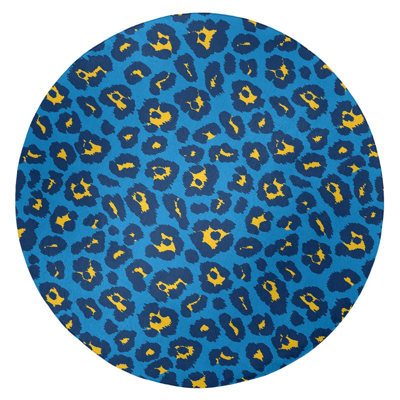 Tapis bleu / jaune à imprimé animal, Rond 5 pi