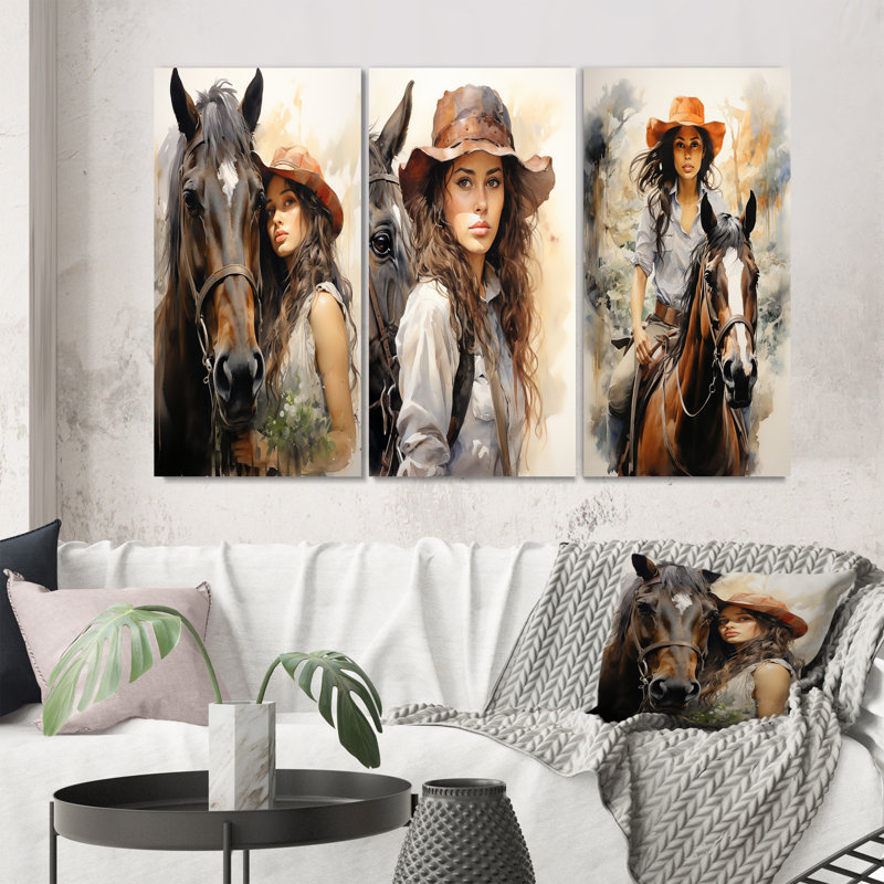 «Cowgirl And Horse Bond», 3 pièces, Toile tendue, H 20 po x l 36 po