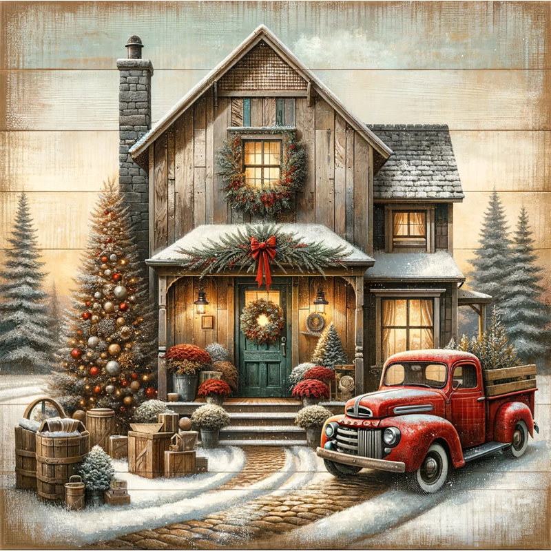 Motif de vacances rétro avec camion rouge, H 12 po x l 12 po x P 1 po