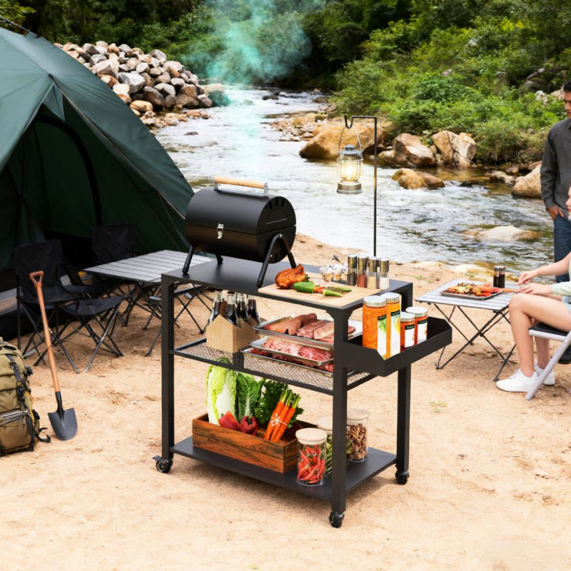 Chariot de gril extérieur mobile à 3 niveaux, rangement, tablette latérale, structure en acier, conception rouille, plateau de grille intermédiaire robuste et intérieur pour espaces, pivotant sur 360 °, cuisine ou patio verrouillable