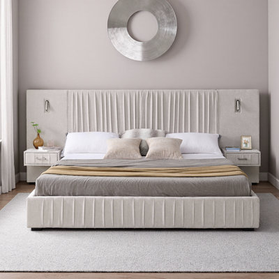 Queen Size Dark Grey Upholstered Platform Bed with Pleated Headboard, Integrated Bedside Table & Adjustable Lamps - No Box Spring Needed