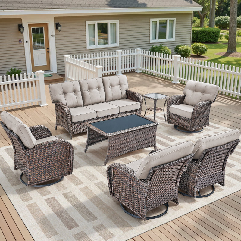 7-Piece Patio Furniture Set, All-Weather Outdoor Seating Set With Swivel Glider Chairs, Beige
