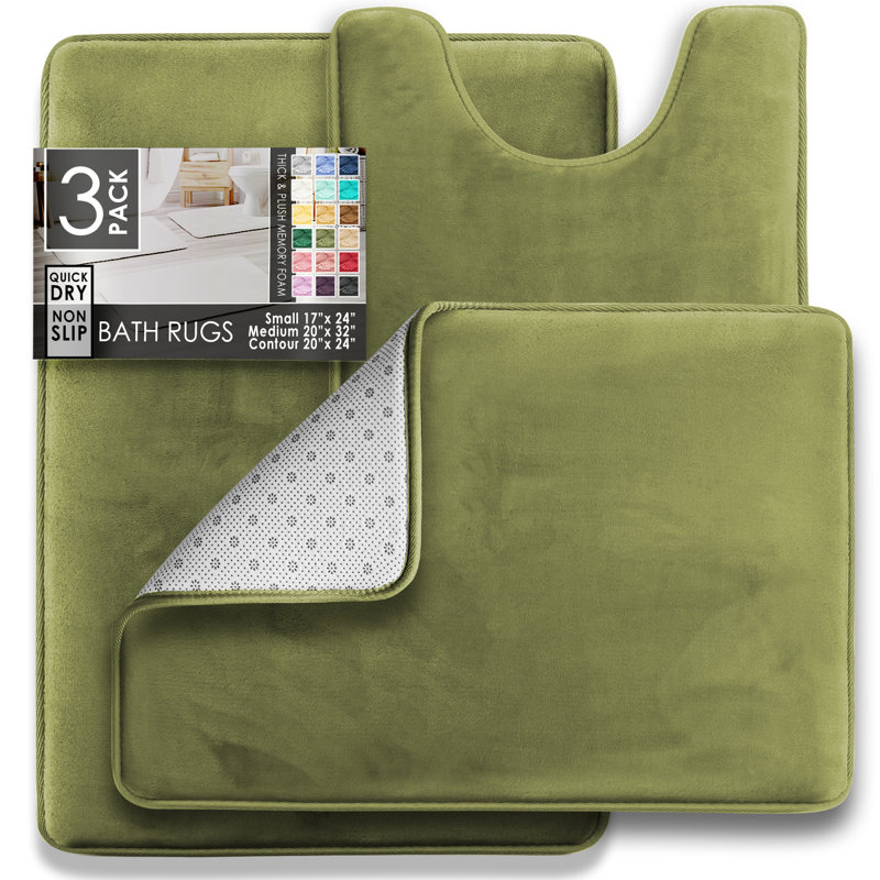 Aighan 3 Piece Ultra Soft and Absorbent Memory Foam Bath Rug Set with Non-Slip Backing, Sage Green
