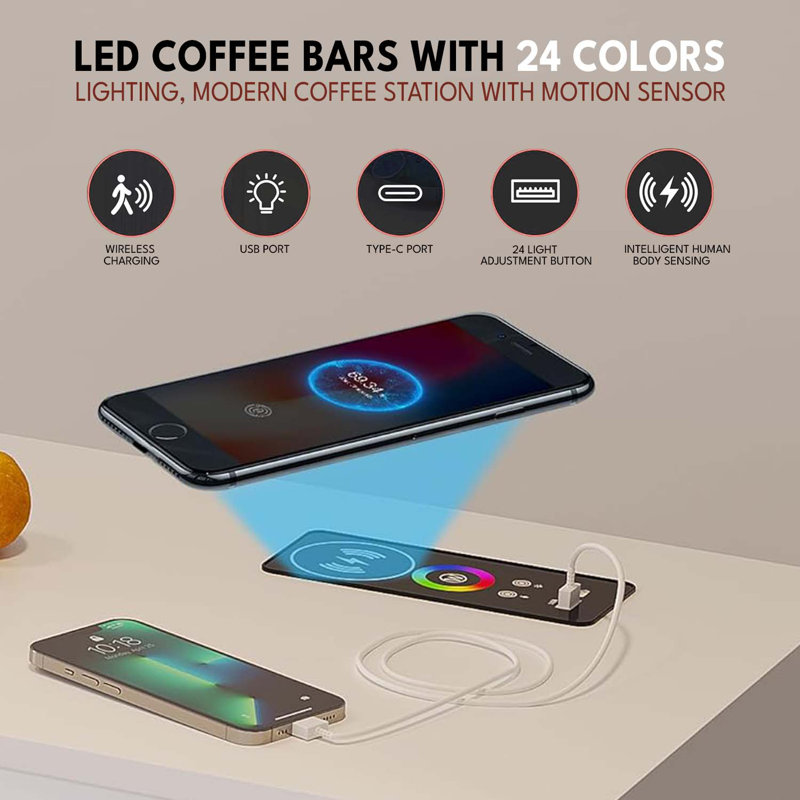 Led Coffee Bars With 24 Colours Lighting, Modern Coffee Station With Motion Sensor, Home Coffee Nook Table For Dining Room, Kitchen Buffer Sideboard With Storage Cabinet