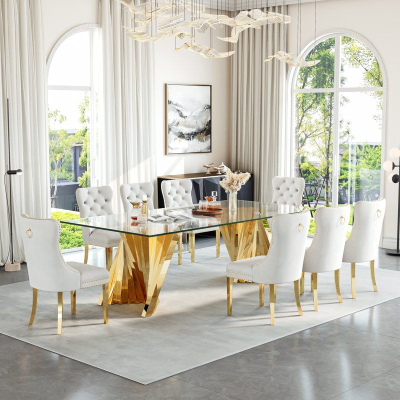 8-Person Glass Dining Set With Stainless Steel Base And Faux Leather Chairs, Gold, White/Gold