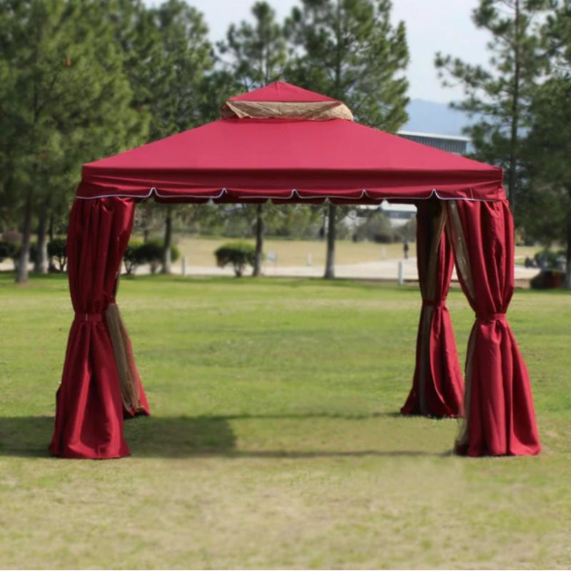 Garden Gazebo with Curtains, Mosquito Netting and Waterproof Double Roof, Red