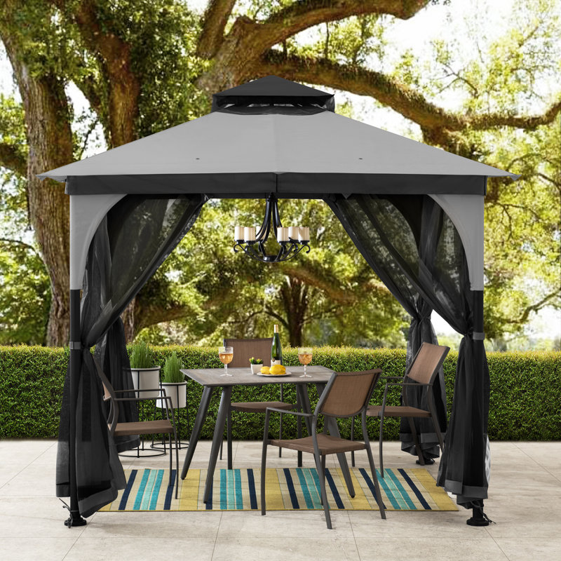 Sunjoy 9 ft. x 9 ft. Gazebo with 2-Tier Canopy Roof, Steel Frame Soft top Gazebo with Ceiling Hook and Mosquito Netting, Gray