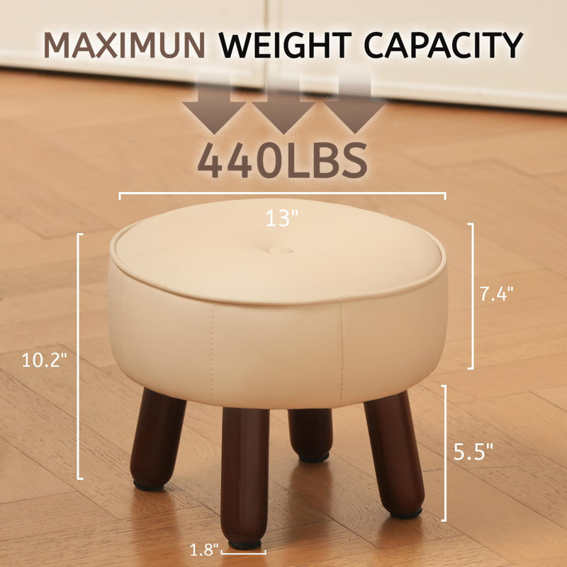 Foot Stool, Round Ottoman Footstool Under Desk Footrest Step Stool, Leather Foot Rest With Non-Skid Wooden Legs