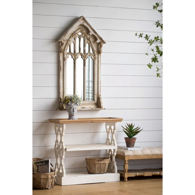 Console 35,5 po x 14 po x 32 po en bois vieilli blanc et naturel, console de style champêtre