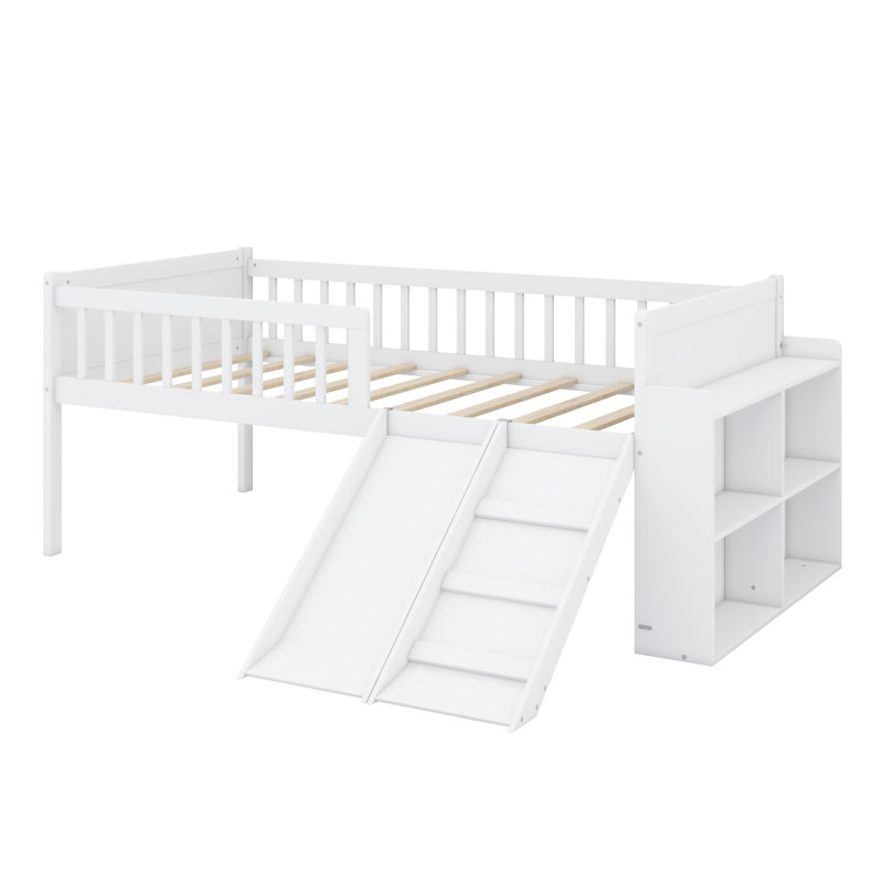 Easy Assembly Wooden Bed Frame with Slide, Ladder, Storage Shelf, and Safety Rail, White