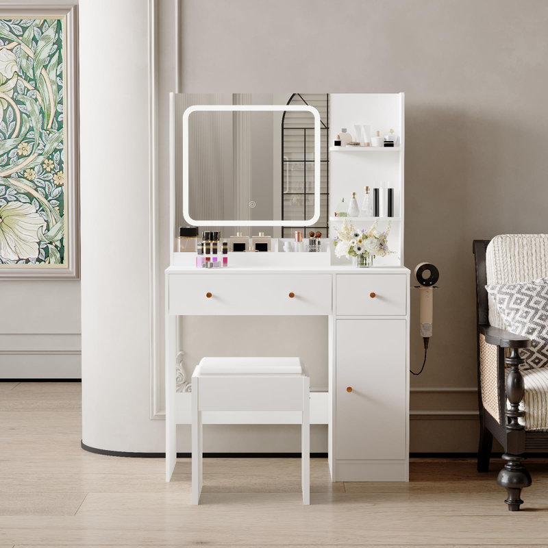 Vanity Table with Lights and Mirror, Makeup Vanity with Power Strip, USB Charging, Hair Dryer Holder Storage Drawers, Shelves and Stool for Bedroom