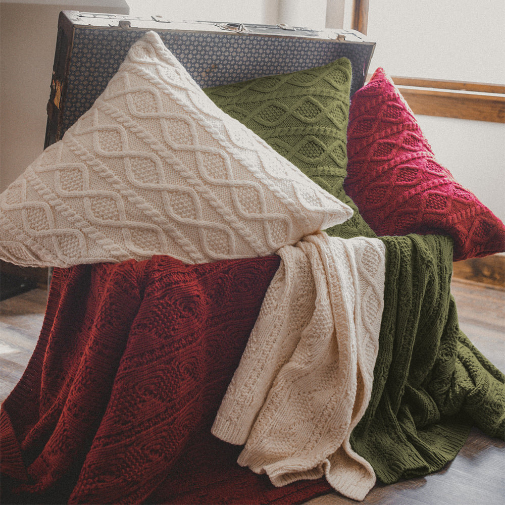 Cable Knit Wool Throw Blanket, Sage Green