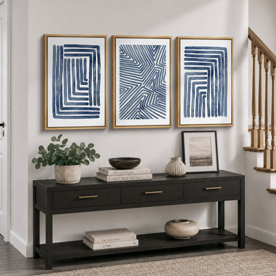 Geometric Line "Navy Blue Stripe Abstract Artwork, Simple Modern Contemporary Bedroom Wall Pictures, Large Framed Canvas Giclee Print 3 Pieces Wall Art Set"