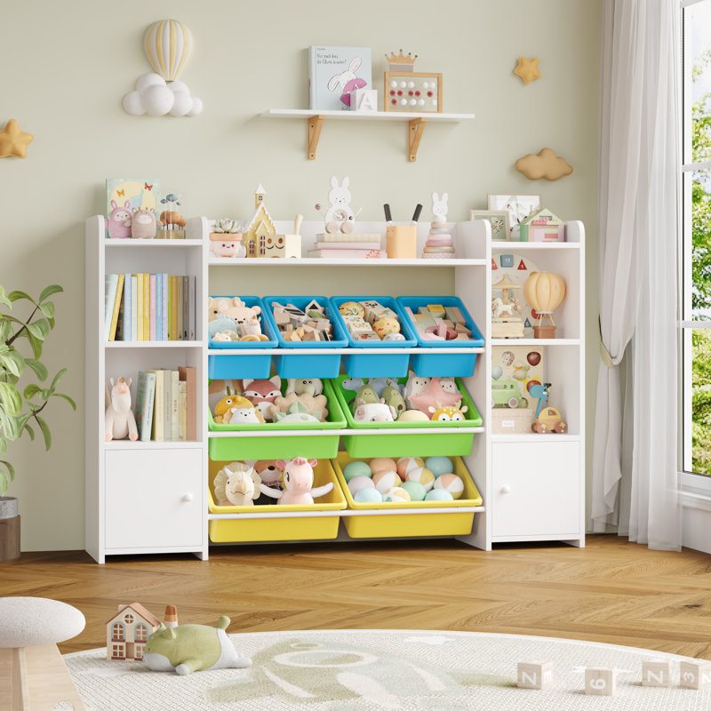 Lafon Manufactured Wood Toy Organizer with Bins, White/Yellow/Blue/Green