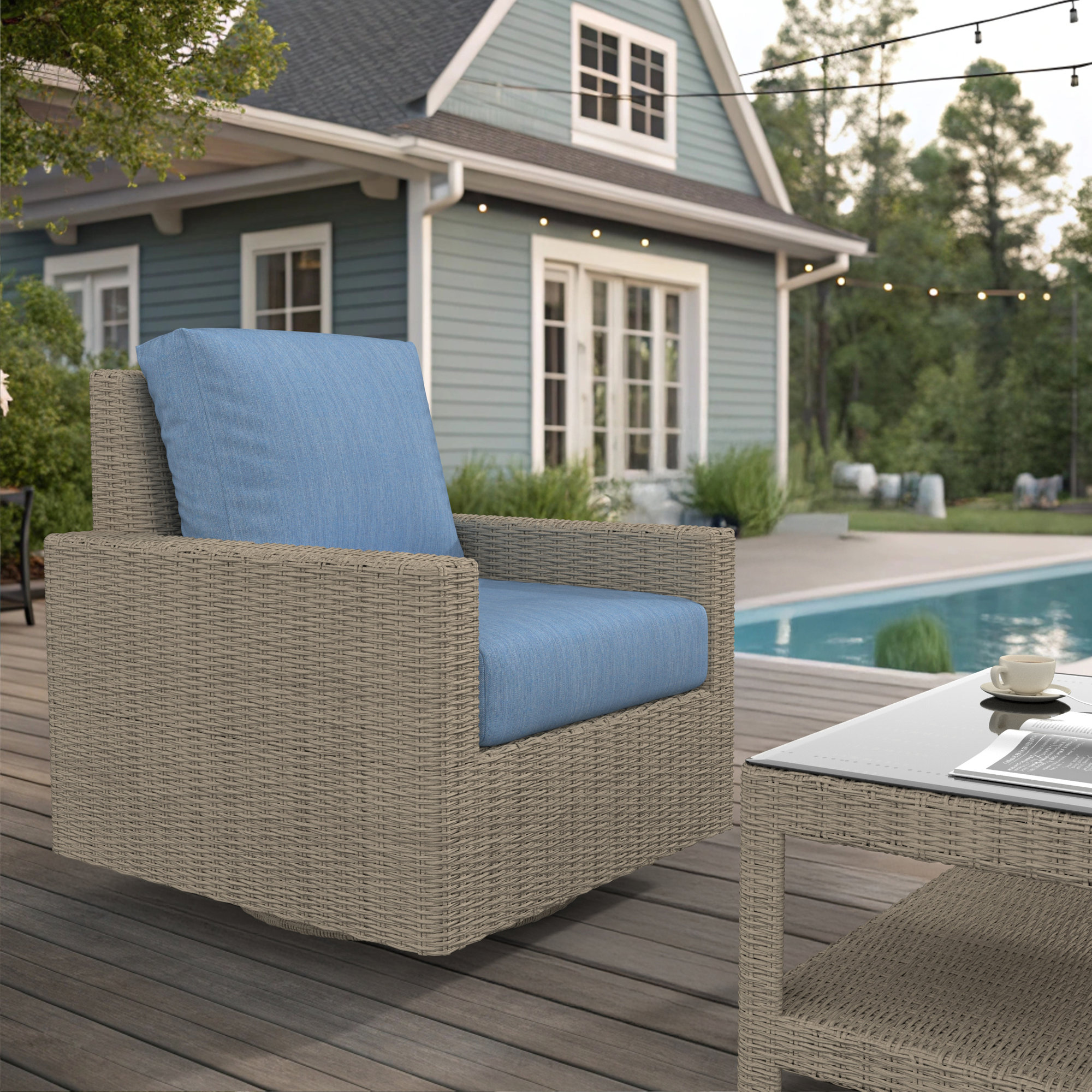 Outdoor Swivel Chair With Sunbrella Cushions, Solid Color, Cast Ocean