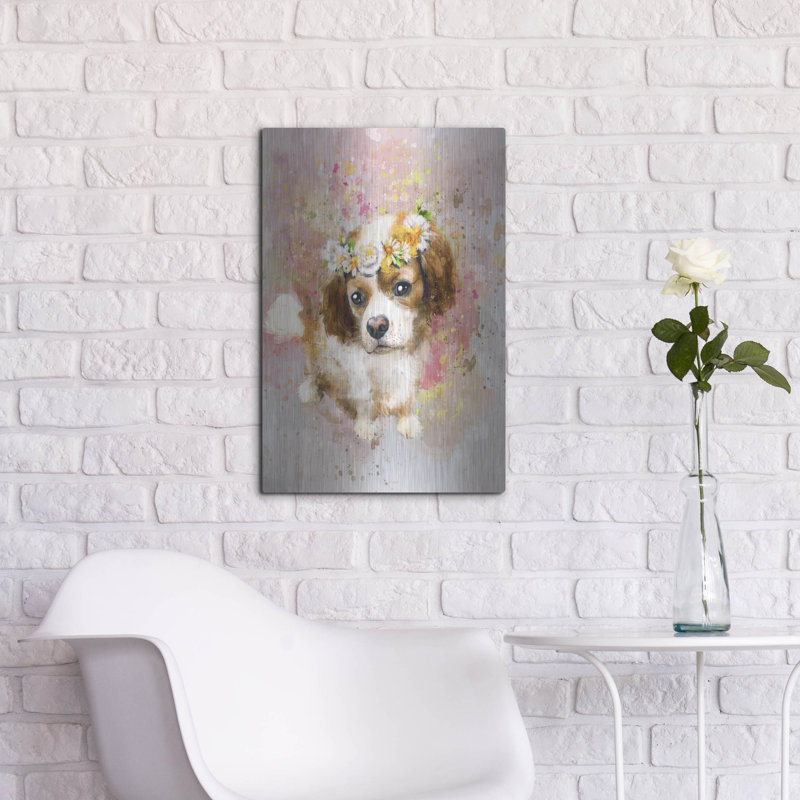 Art mural en métal «Flower Crown Cavalier King Charles Spaniel» par Furbaby Affiliates, H 24 po x l 16 po