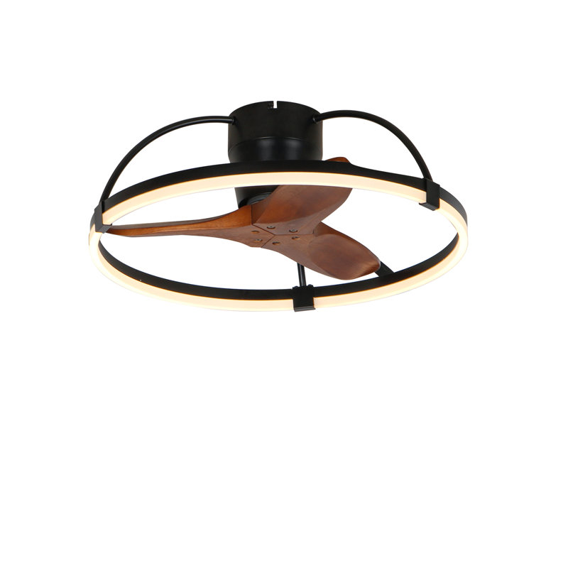Ventilateur de plafond moderne et discret de 61 cm (24 pouces), montage encastré, avec éclairage, pales en bois massif, anneau noir et DEL 3CCT à intensité variable avec télécommande, idéal pour les petites pièces comme les chambres et les cuisines.