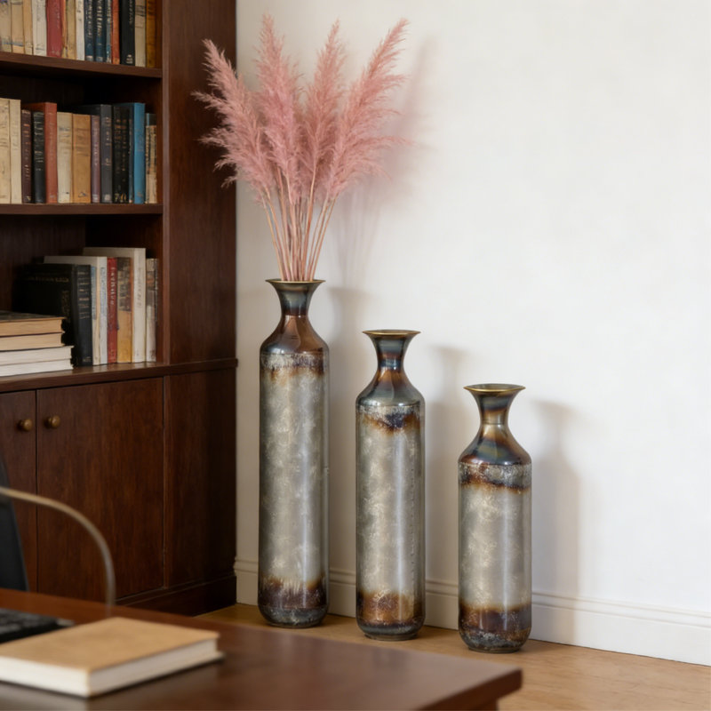 Ensemble de vases de plancher en métal forgé à la main 3 pièces, 28,34 / 24,4 / 20,4 pouces Vases rustiques à finition brûlée pour décor de salon industriel de maison de campagne