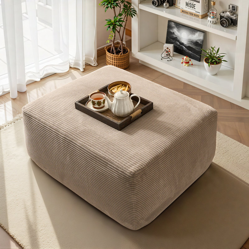 Vivelle 37'' Wide All-Foam Upholstered Ottoman No Assembly Needed, Cream Corduroy