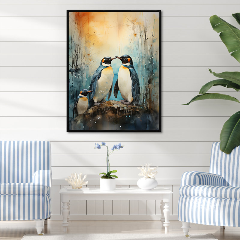 «Snowy Penguin Family Wonders», reproduction sur toile, Cadre flottant noir, H 44 po x l 34 po x P 1,5 po