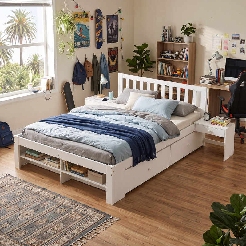 White Wooden Single Storage Bed Frame, 3ft, 1 Bedside Table, Reversible Under Bed Drawers, Sturdy Bed Slats, Double