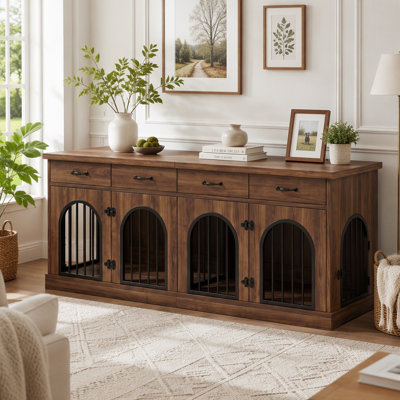 Grand meuble double pour cage de chien avec tiroirs de rangement et cloison