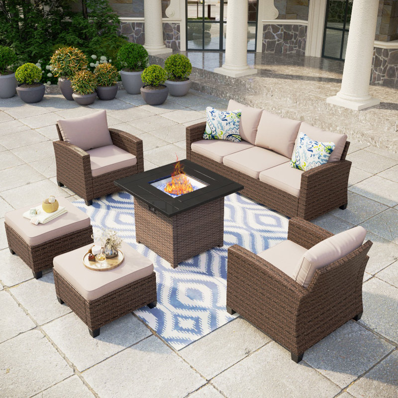 Argyri 6 Piece Rattan Outdoor Wicker Patio Conversation Furniture Set with Fire Pit Table, Beige