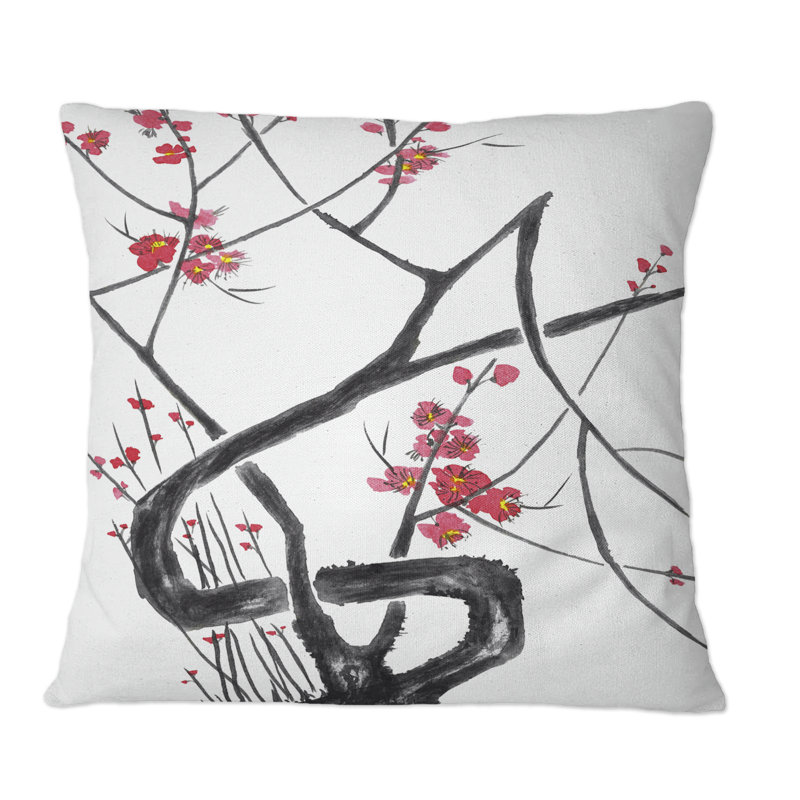 Fleur de cerisier japonais - Coussin décoratif à imprimé traditionnel, 16 po x 16 po