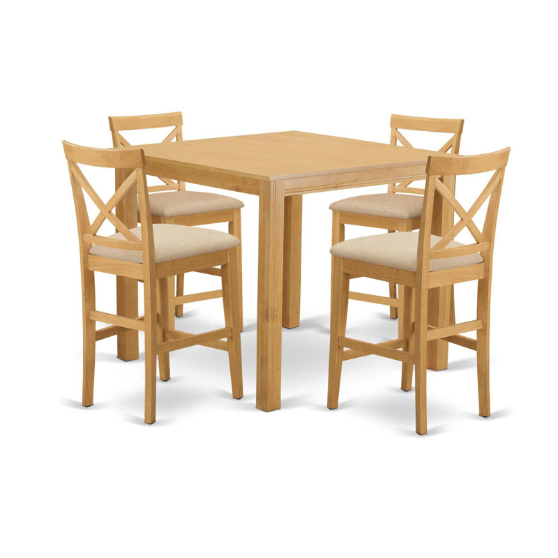 Café Counter Height Barstools - Linen Fabric Upholstered Wooden Chairs, Set of 2, Oak, 5 Pieces: 1 Table, 4 Chairs, Yes