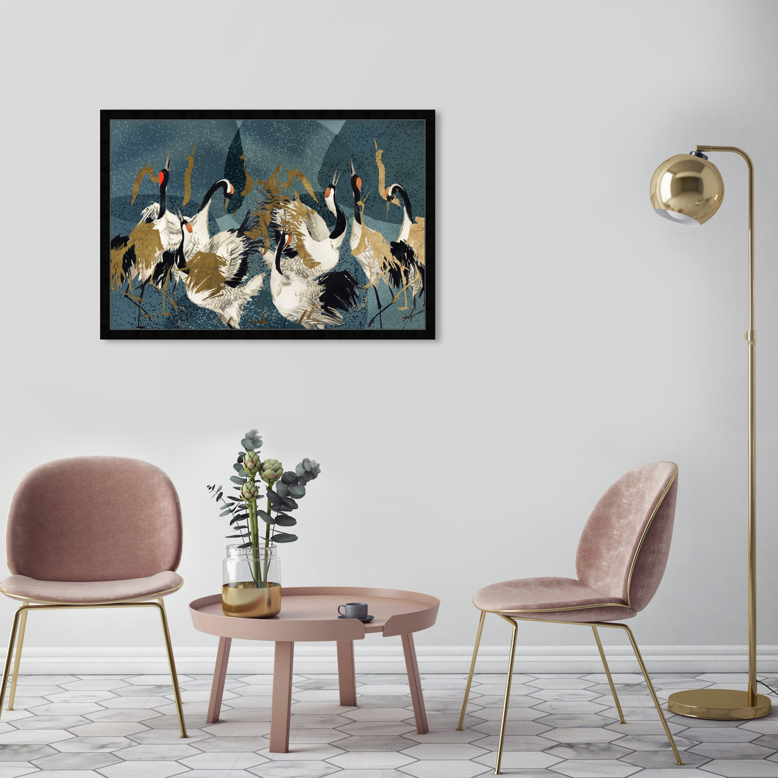 Crane Love Print by Oliver Gal, Black Framed, 26" H x 38" W