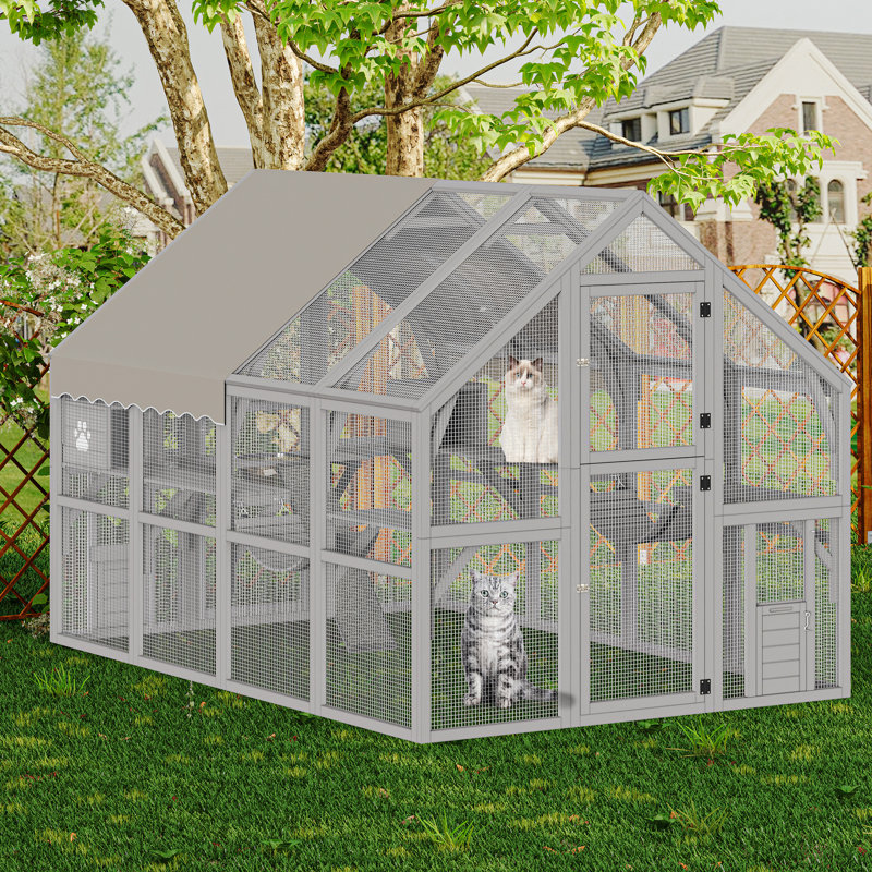 Large Catio Outdoor Cat Enclosure, 110 Inch Outside Cattery with Weatherproof Roof, Scratcher Ramp