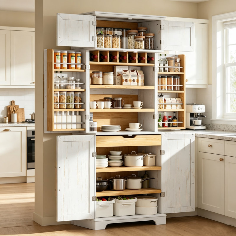 Armoire de cuisine de 78,2 pouces de hauteur avec 8 tablettes de porte et 4 tablettes réglables, Blanc