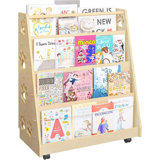 Double-Sided Kids Bookshelf With Wheels - 4 Tier Montessori Book Display Rack & Toy Storage Cabinet