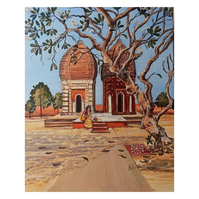 Femmes assises devant le temple en terre cuite | Acrylique sur toile