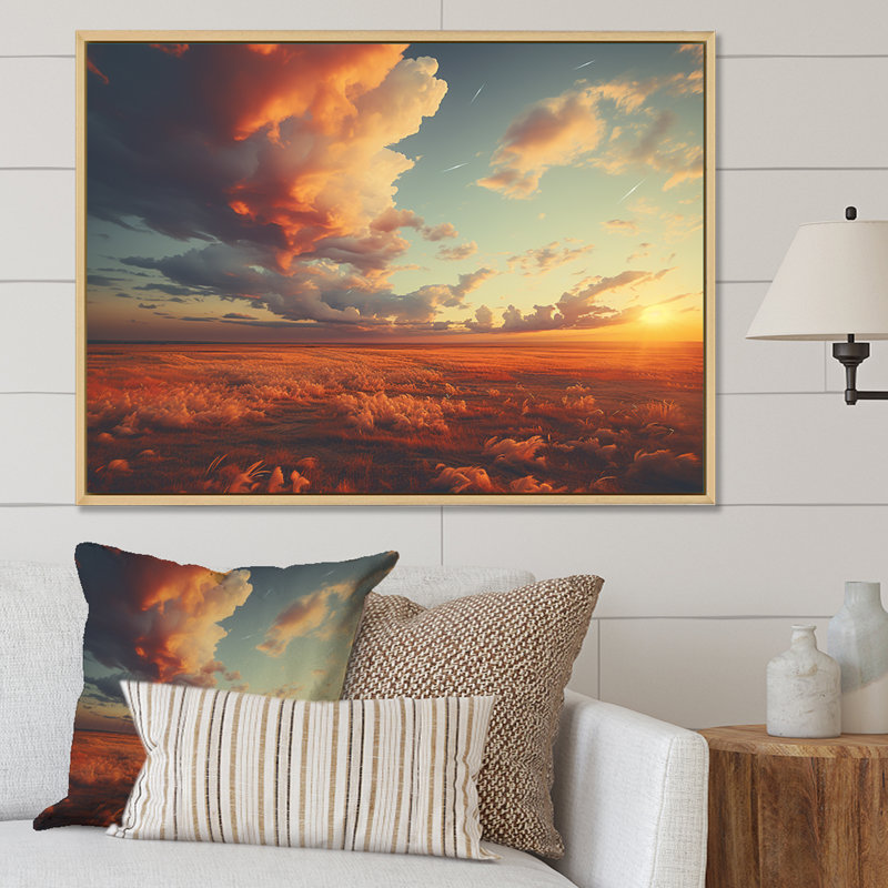 «Sunset Summer Meadows - Prairies», reproduction sur toile, Cadre naturel flottant, H 16 po x l 32 po