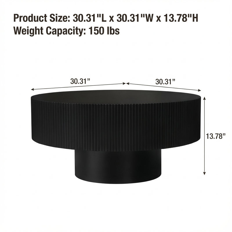 Table basse moderne à piédestal cannelé moderne, Noir, H 13,78 po x L 30,31 po x l 30,31 po