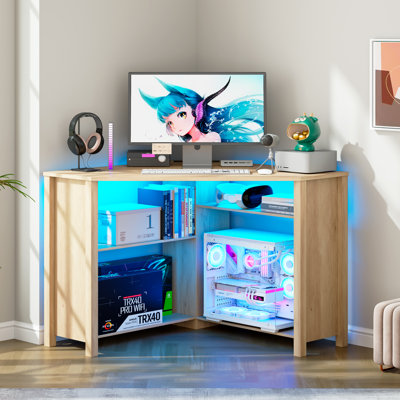 Pentagonal Corner Computer Desk with Charging Station, Adjustable Led Lighting