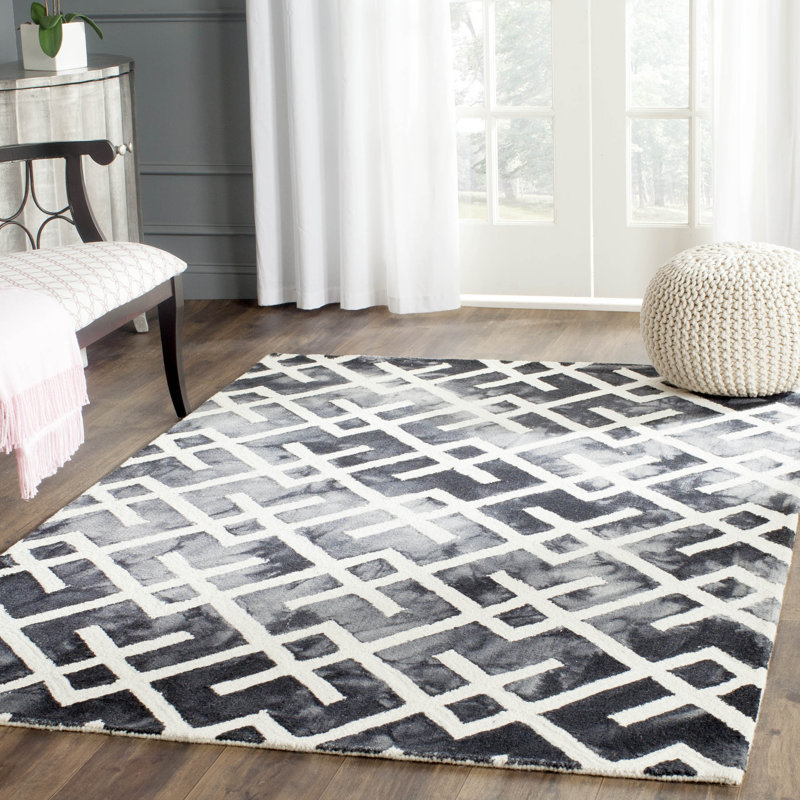 Bryauna Hand Tufted Wool/Cotton Geometric Rug in Graphite/Ivory, Rectangle 4' x 6'