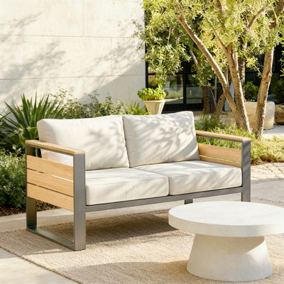 Aluminum Outdoor Patio Loveseat, All-weather 2 Seater Patio Sofa With Thick Olefin Cushions & Wide Armrest For Garden, Backyard, Porch, Beige