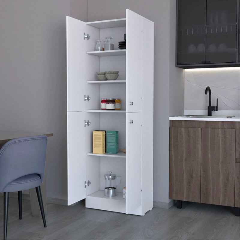 Élégant garde-manger blanc à 4 portes avec 5 tablettes pour le rangement de la cuisine, Blanc
