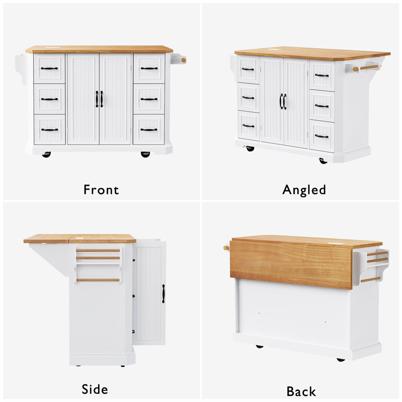 White Rolling Kitchen Island With 2 Doors, 6 Deep Drawers, Drop Leaf - Space Saving Design Storage 4 Door Shelves, Drawers Spacious & Practical