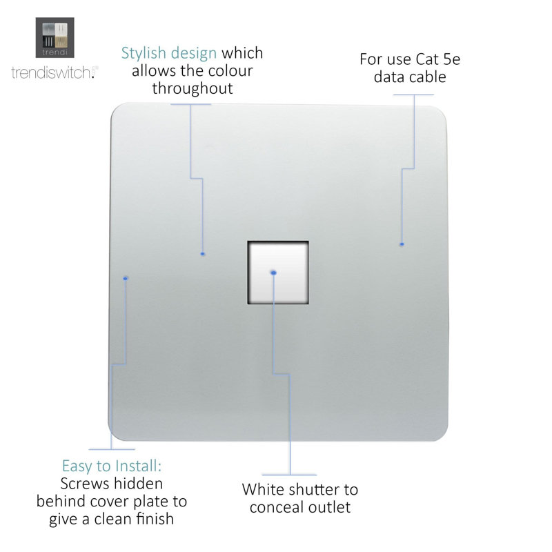 Trendi Switch 1 Gang RJ45 Cat 5e PC Ethernet Socket, Silver