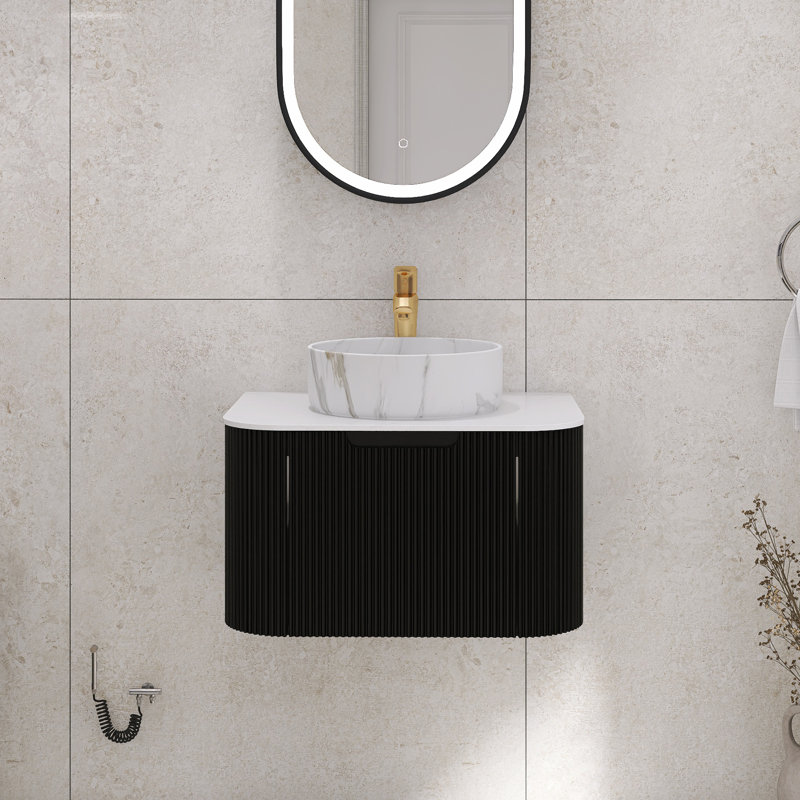 Meuble-lavabo mural rayé avec rebords incurvés pré-assemblés avec lavabo, Noir, 24"