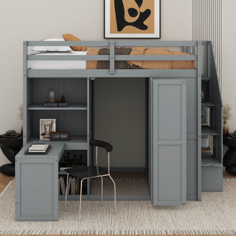 Full Size Loft Bed With Wardrobe,Desk And Shelves, Grey