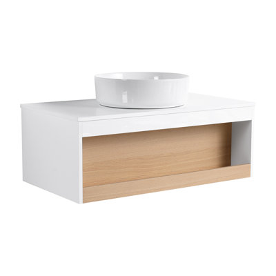 Meuble-lavabo flottant 36 po avec lavabo vasque rond blanc brillant, meuble-lavabo mural avec tablette ouverte, finition blanche avec comptoir durable, conception moderne peu encombrante (livré dans 2 boîtes)