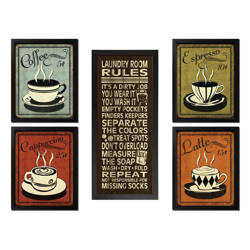 «Classic Retro Coffee, Espresso, Cappuccino, Latte and This House Runs on Love Laughter and a Whole Lot of Coffee», ensemble d'impression d'art graphique encadrée