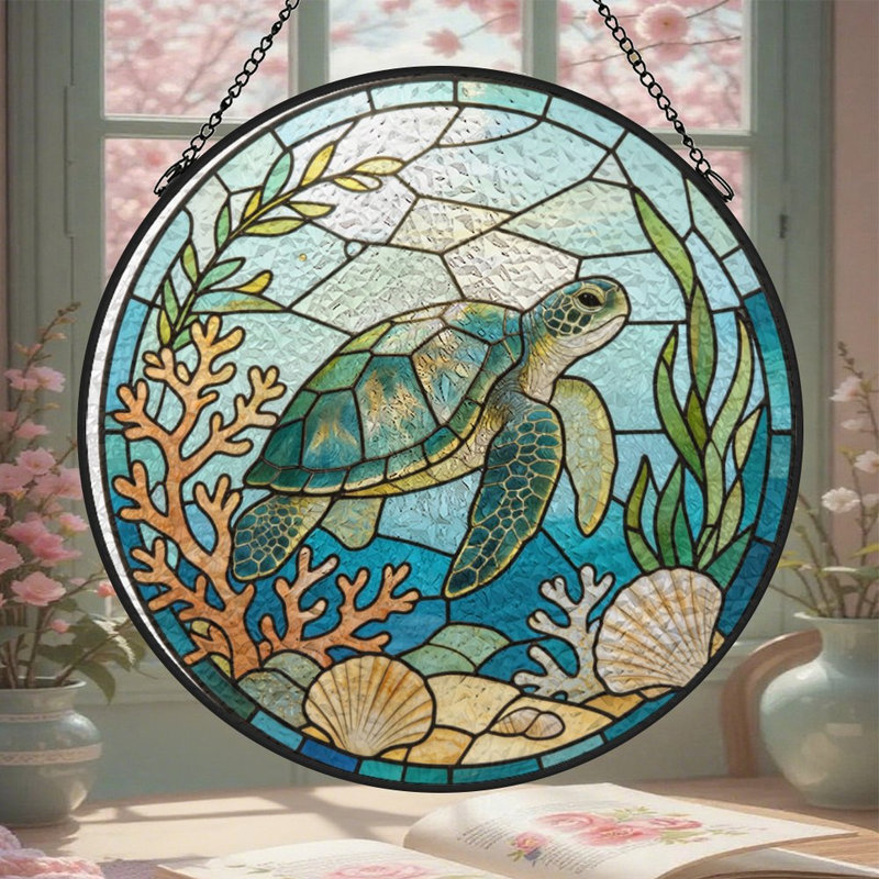 Tortue de mer vitrail nageant avec des panneaux de corail et de vitrail, 6,3 x 6,3 po (16 x 16 cm)