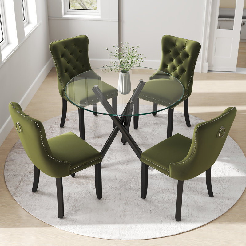 Ensemble de table ronde en verre, 5, Vert olive