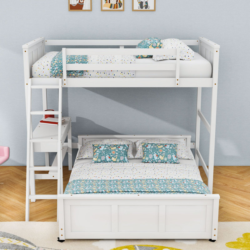Lit superposé en bois avec bureau d'étude intégré et tiroirs de rangement, Blanc, Jumeaux sur complet