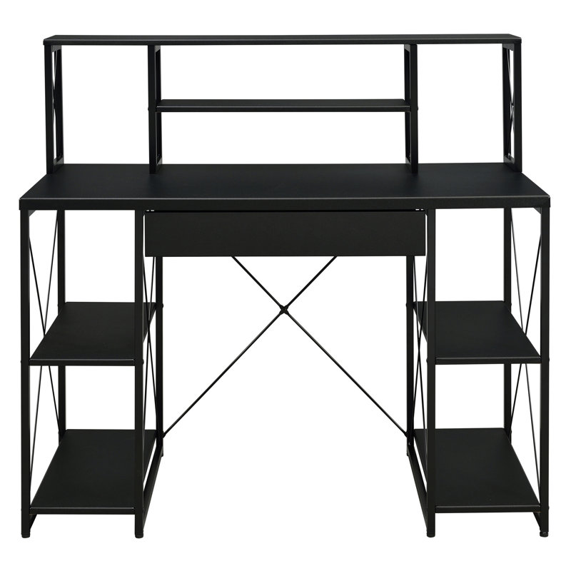 Bureau noir avec tablettes ouvertes et huche, Noir